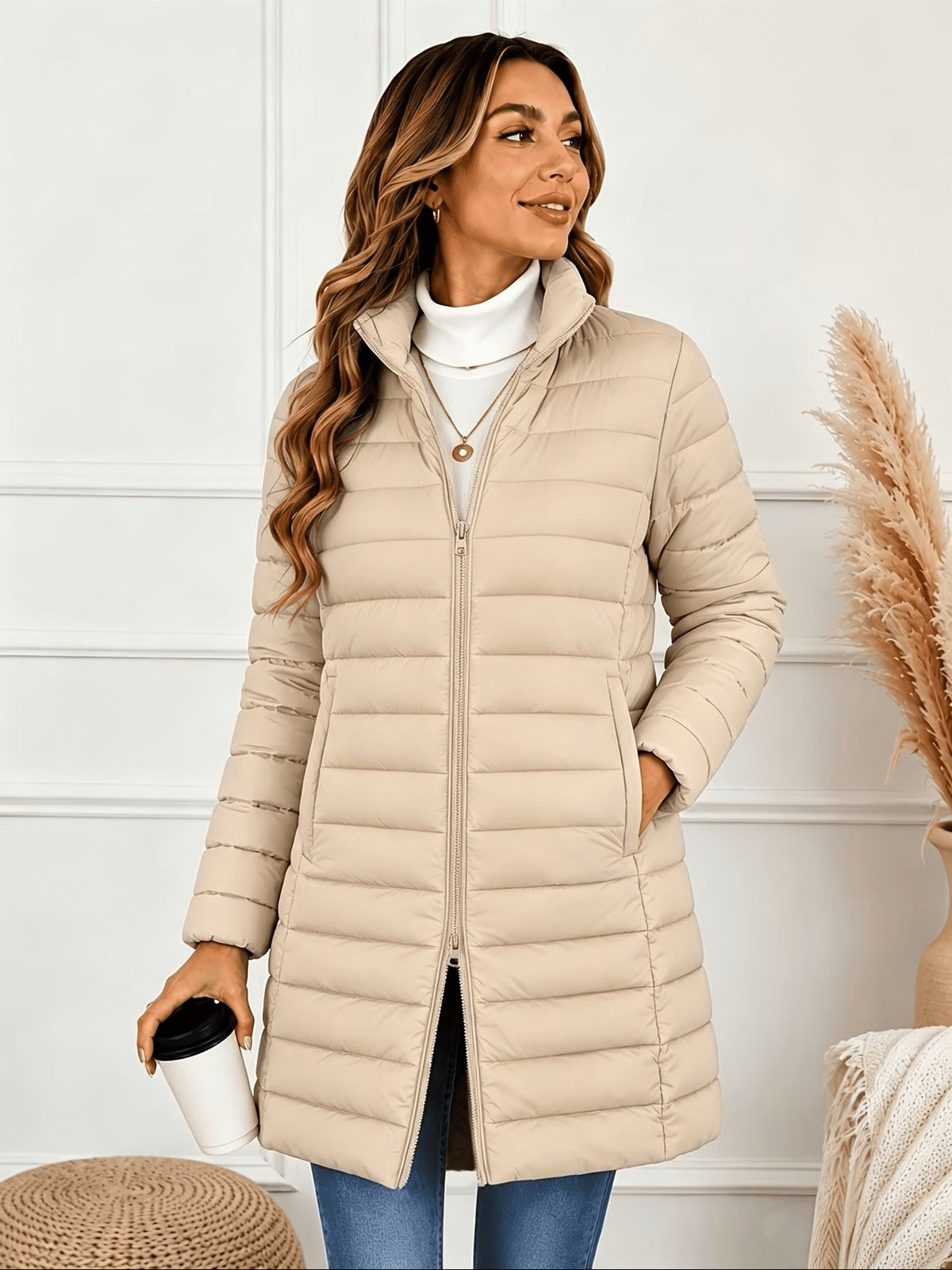Women\u2019s quilted puffer jacket, beige, stand collar, full-zip, mid-length
