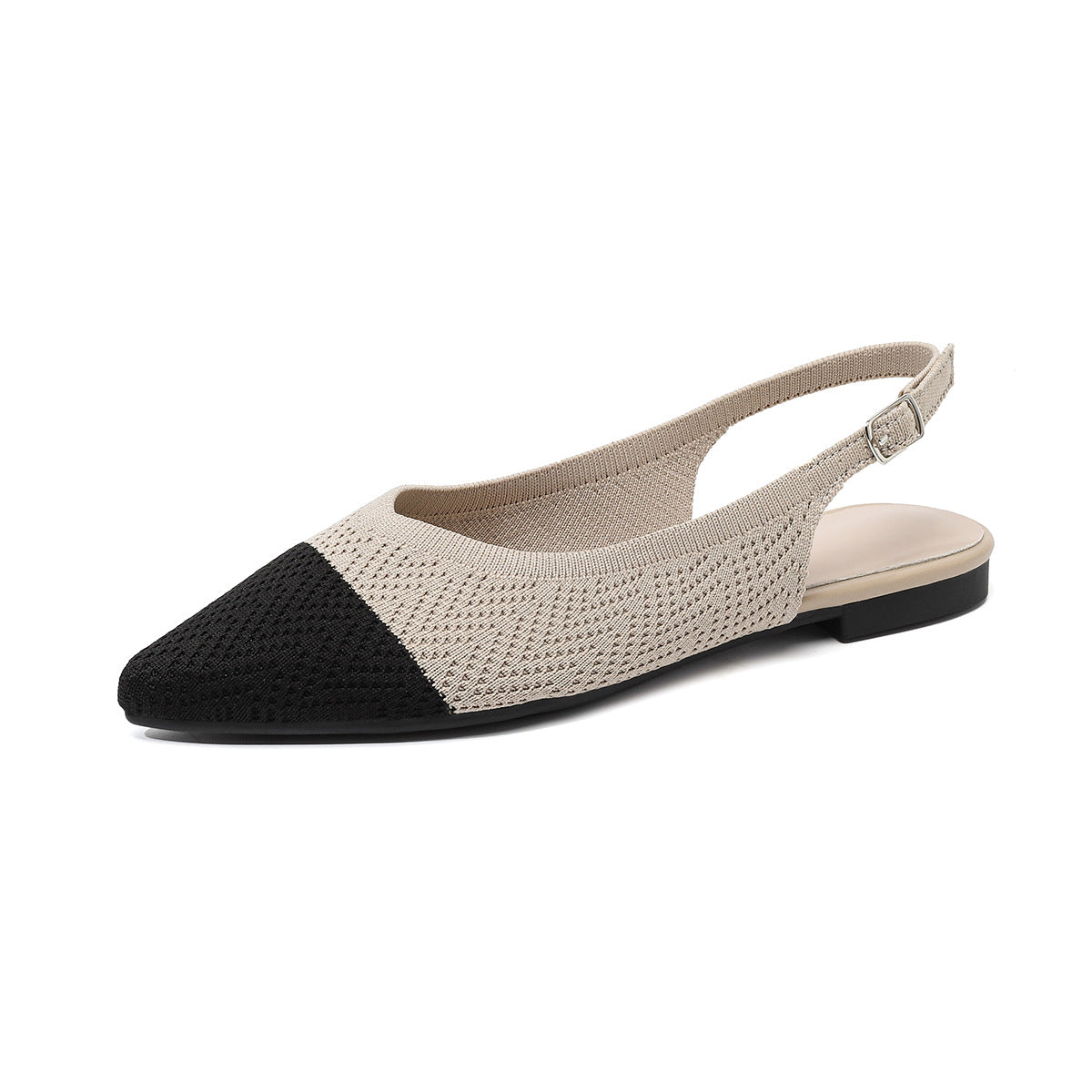 Two-tone beige and black pointed-toe slingback sandals with low thick heel