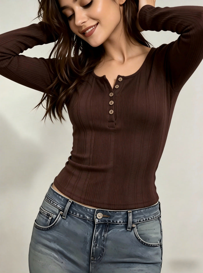 Women's dark brown ribbed long-sleeve square-neck henley top with button placket