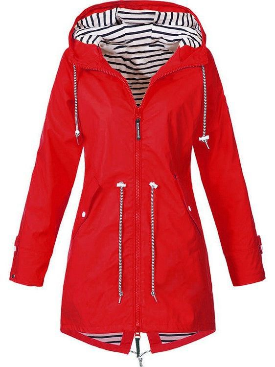 Red hooded parka jacket with striped lining, full front zipper and long sleeves.