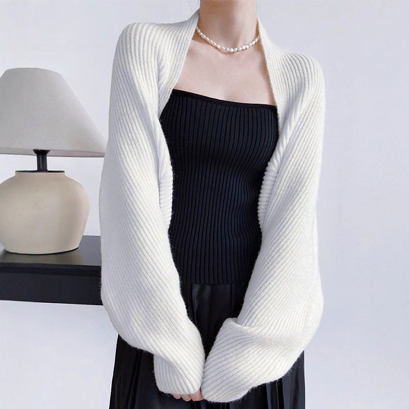 Cropped wool cardigan, cream open-front bolero with batwing sleeves, draped ribbed knit