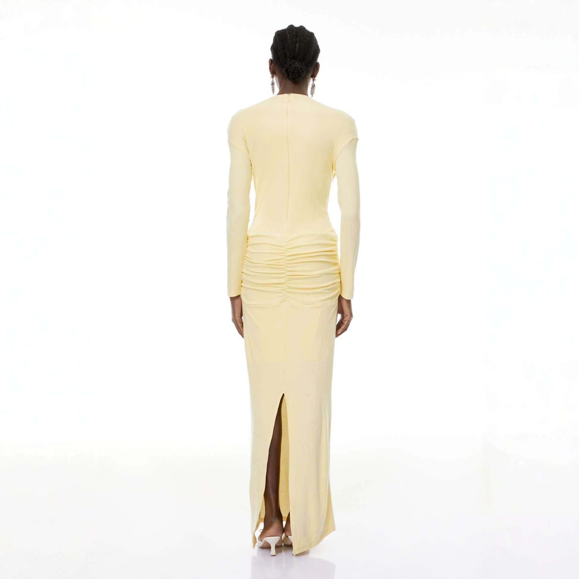 Long Sleeve Maxi Dress — Crossover Draped Waist with High Neck and Back Slit in Jersey