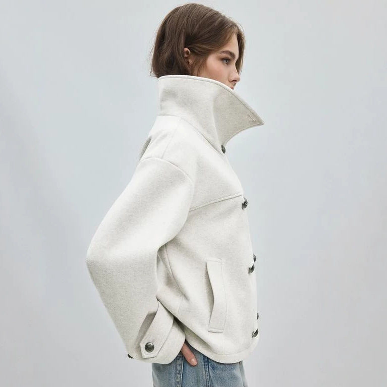 Pea Coat for Women — Short Double Breasted Wool with an Oversized Funnel Collar