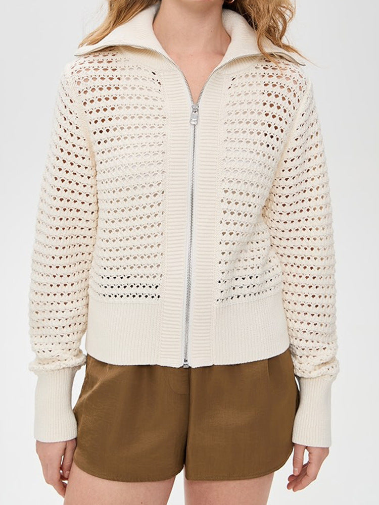Open Knit Zip Up Cardigan for Women — Collared Eyelet Sweater Jacket in Soft Cotton