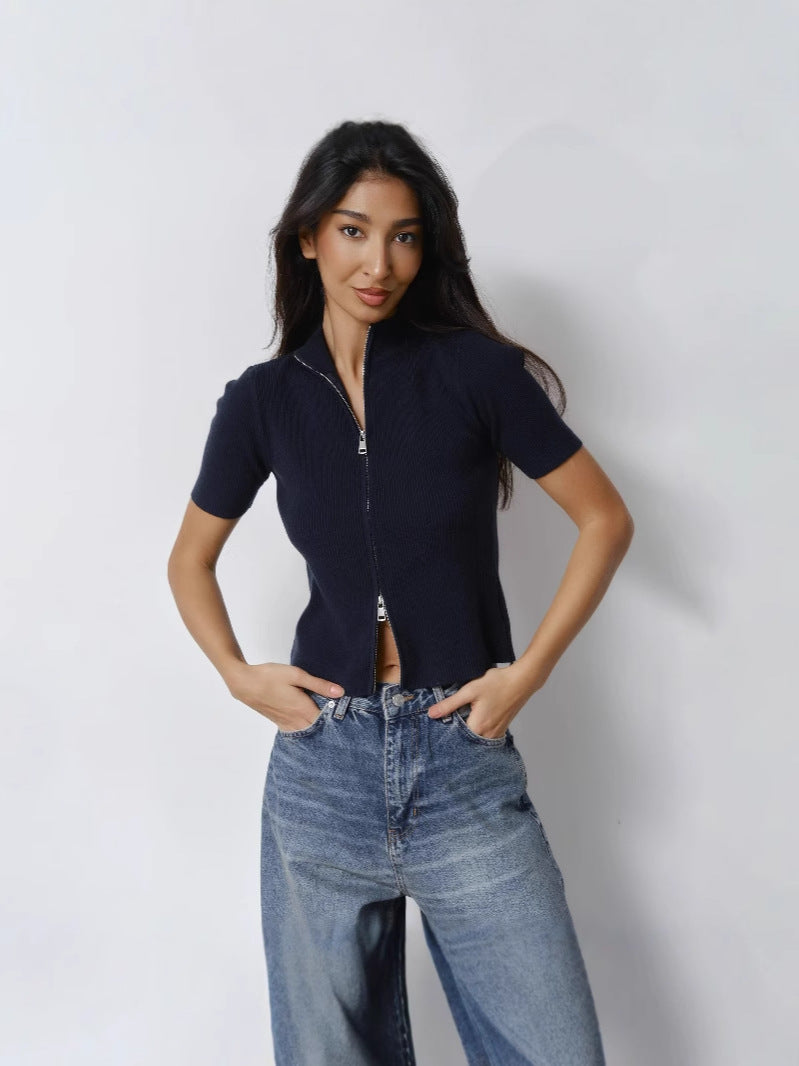 Women’s ribbed short-sleeve zipper cardigan T-shirt, navy blue