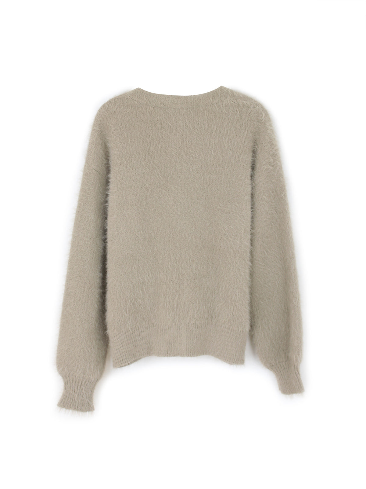 Fuzzy knit cardigan sweater, long sleeves, back view