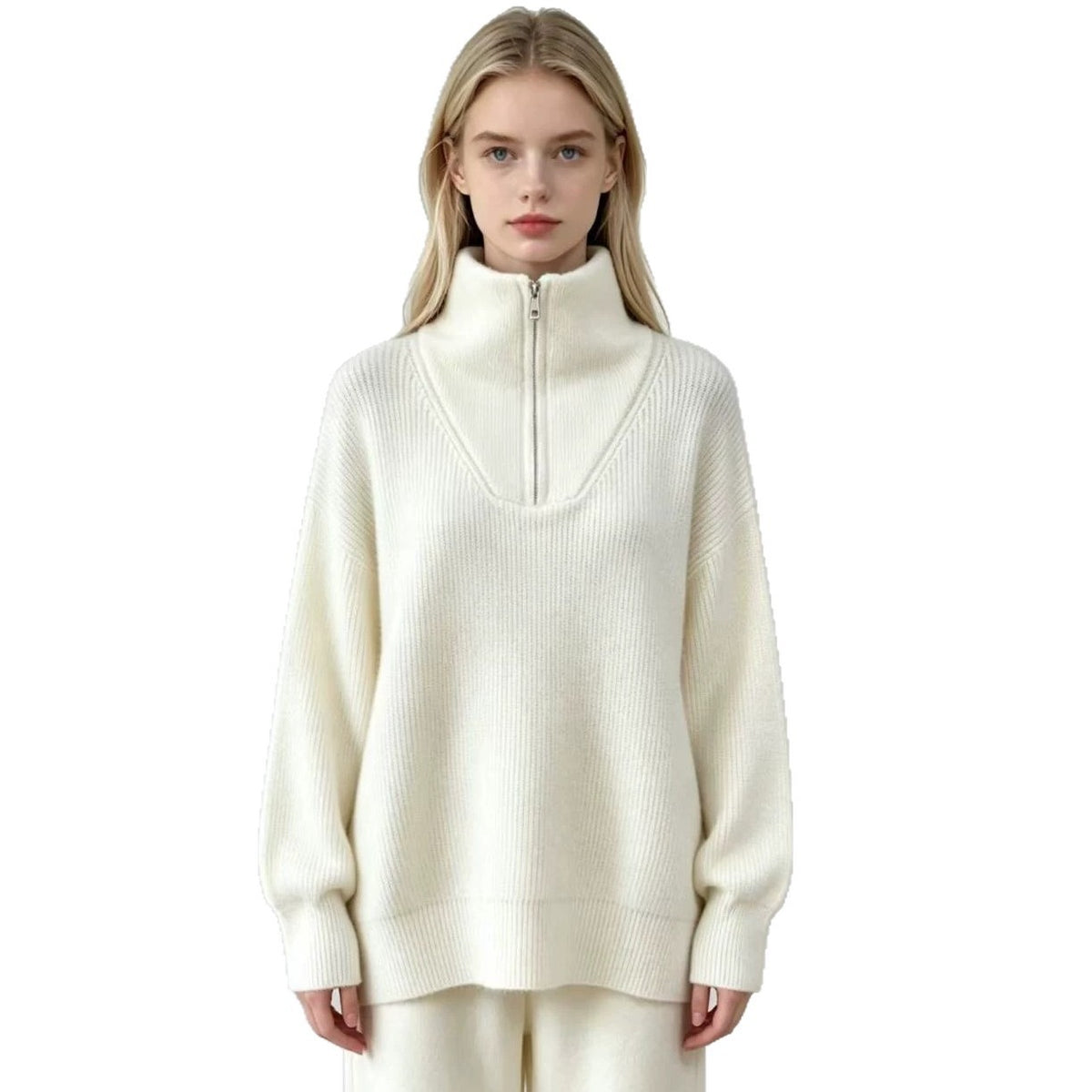 Women’s knit half-zip sweater with turn-down collar, cream, loose pullover top