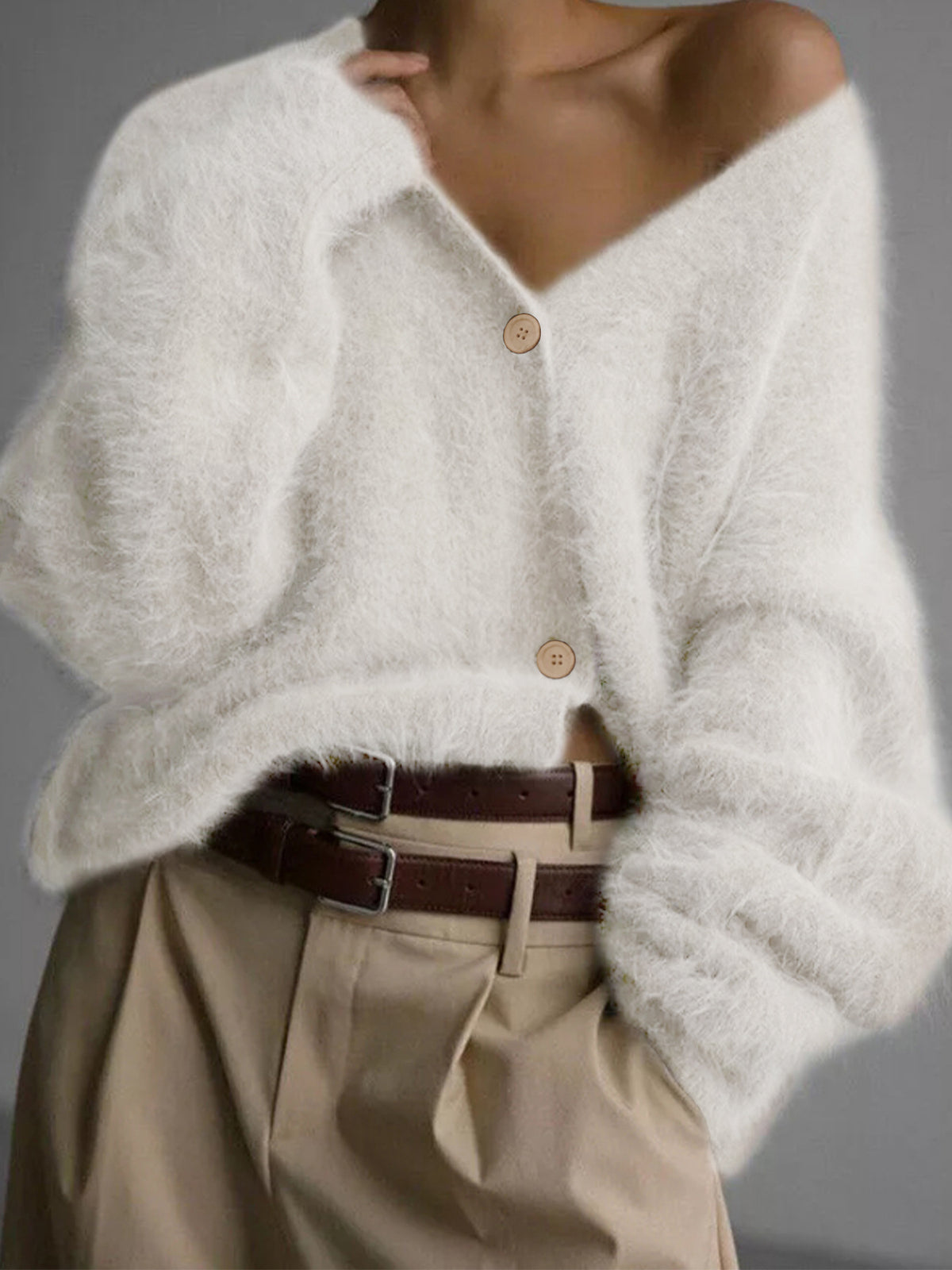 Fuzzy knit V-neck cardigan with long sleeves and button front, off-white