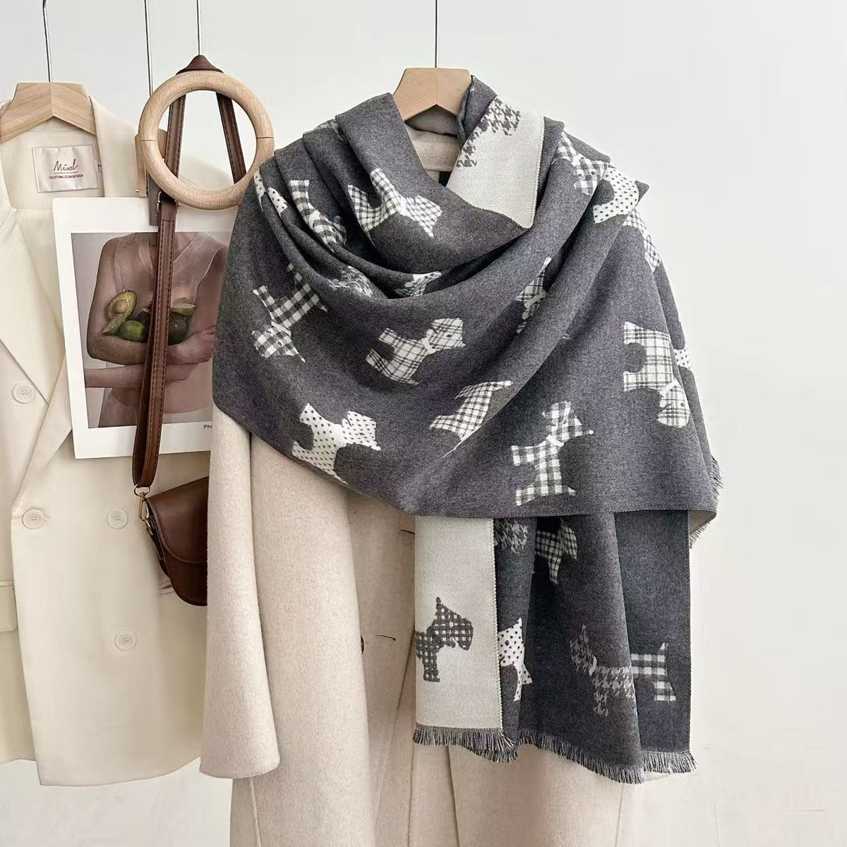 Gray long shawl with patterned dog motifs and fringed ends