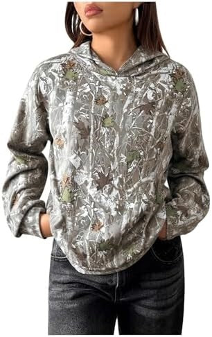 Women’s camouflage hoodie with hood and long sleeves, light gray with muted branch print