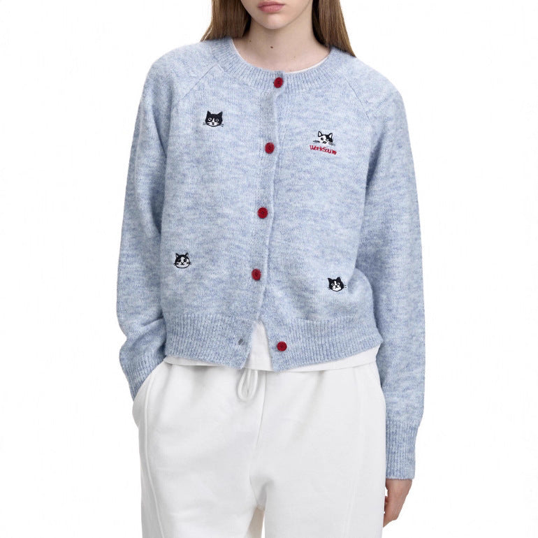 Mohair Cardigan for Women — Soft Fuzzy Knit with Embroidered Cat Motifs