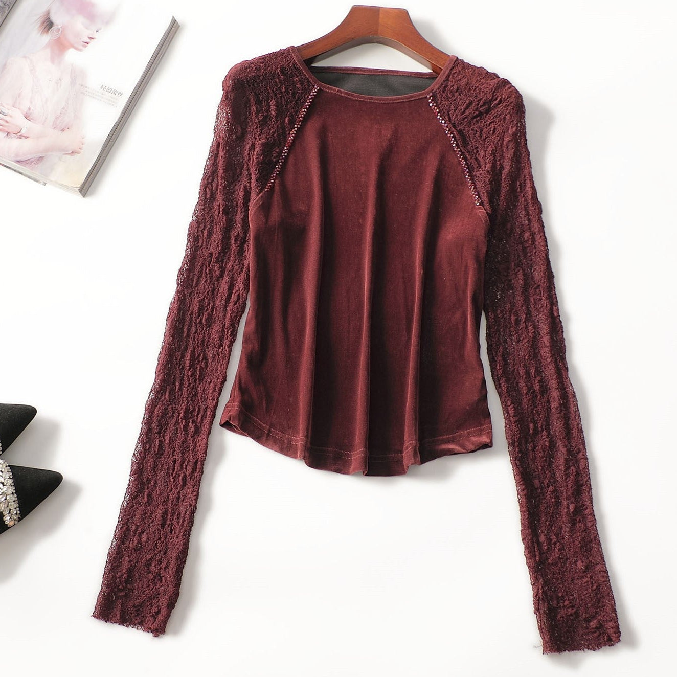 Velvet Top for Women — Dressy Long Sleeve Style with Sheer Lace Sleeves