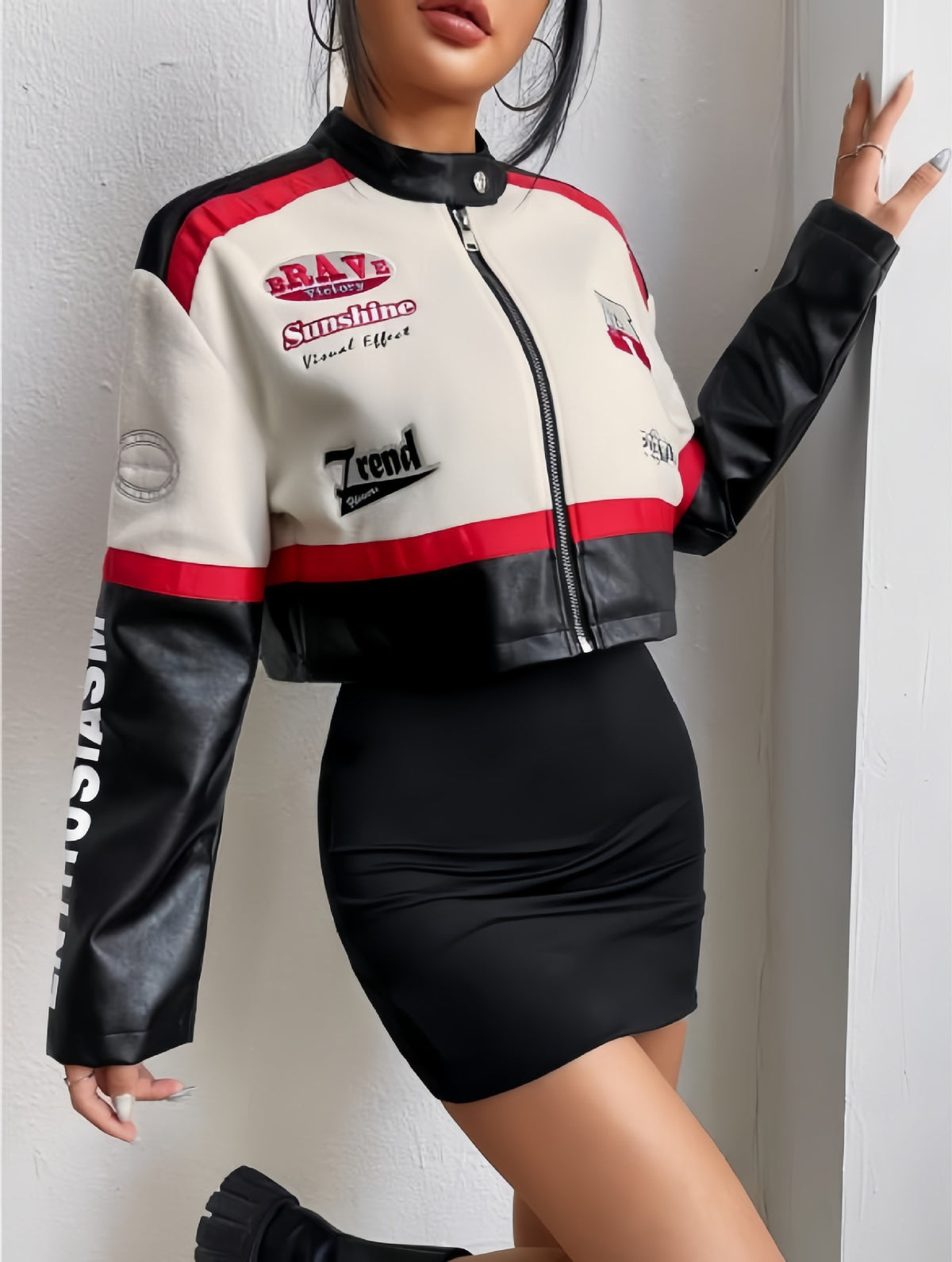 Women’s cropped zip-up jacket with stand collar, white body, red stripe, black sleeves