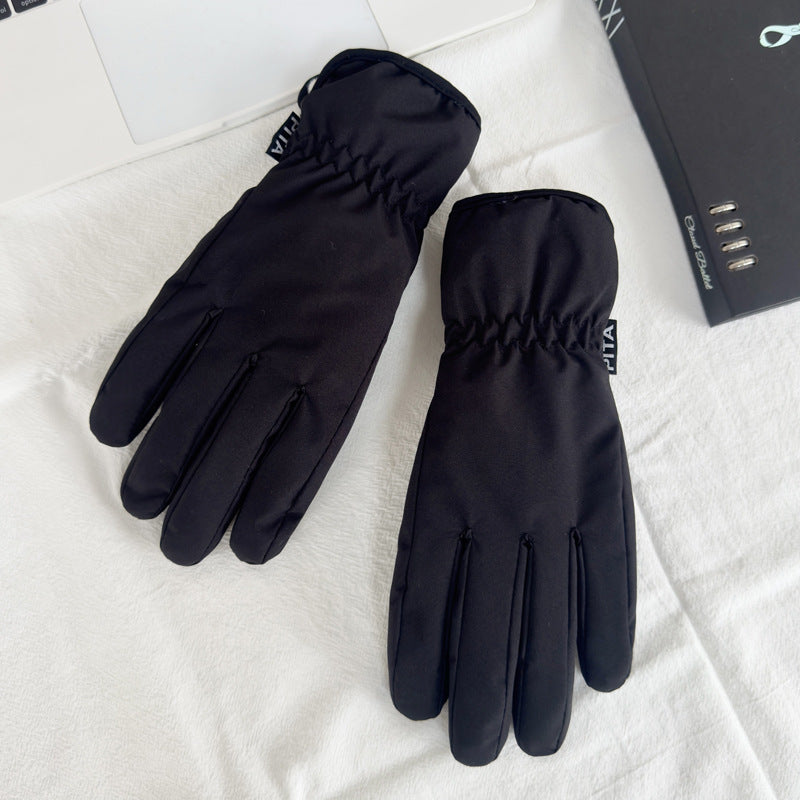 Black full-finger winter gloves with elastic cuff gathers and padded knuckle seams