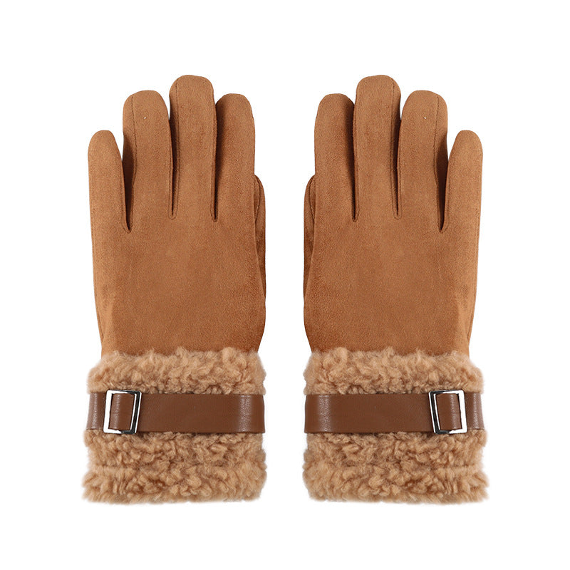 Tan-brown suede winter gloves with fuzzy fleece cuff and adjustable buckle strap