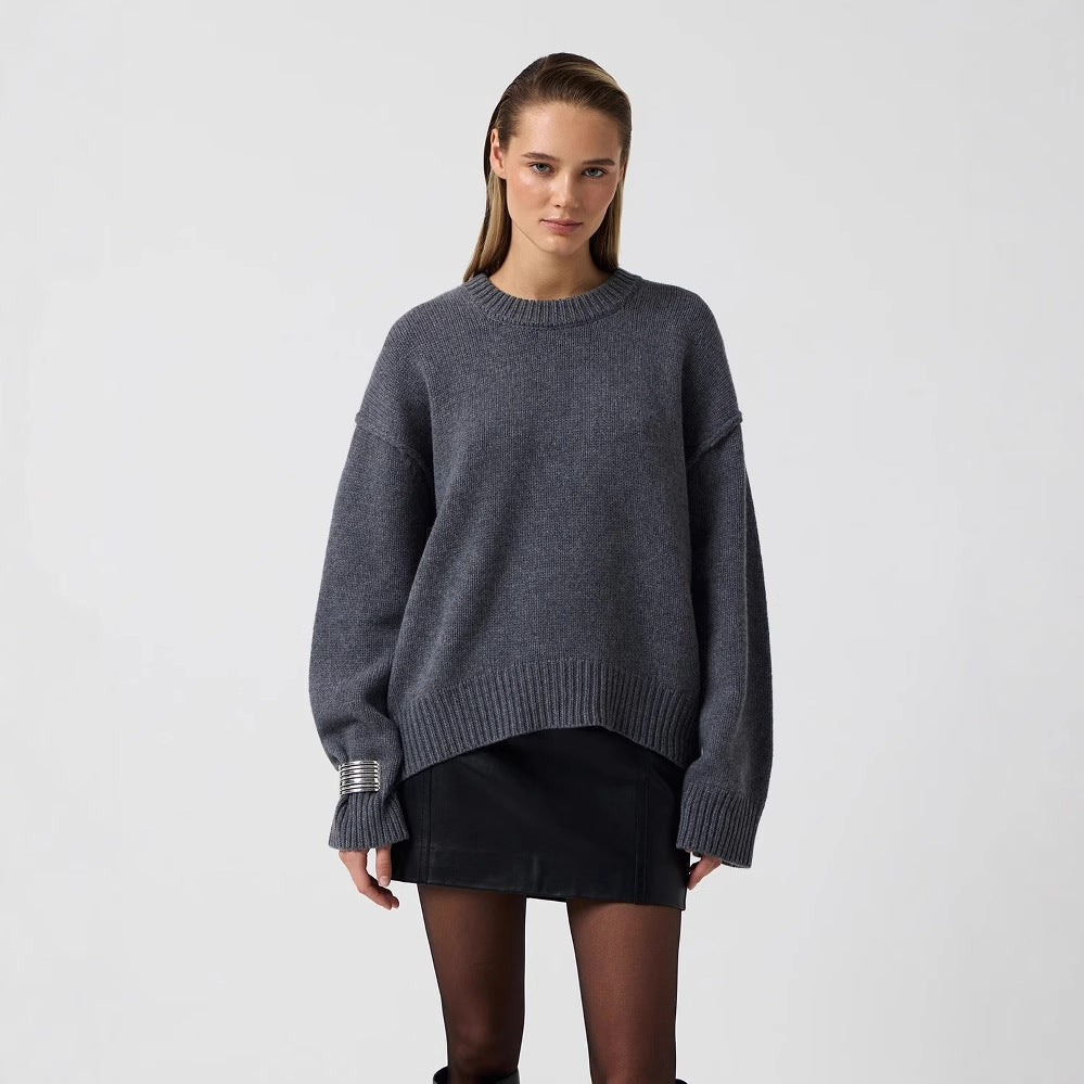 Women's dark gray round-neck knit pullover sweater with ribbed hem and cuffs