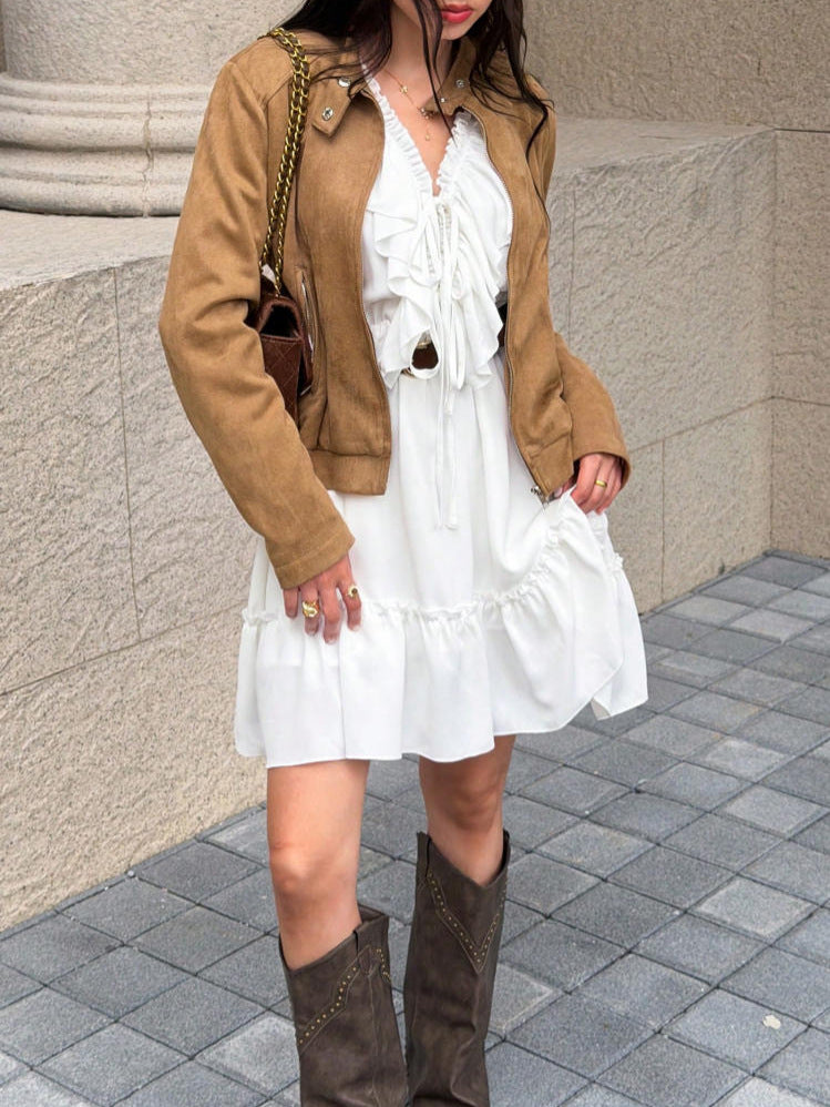 Khaki faux suede zip-front cropped bomber jacket, two side pockets and ribbed cuffs