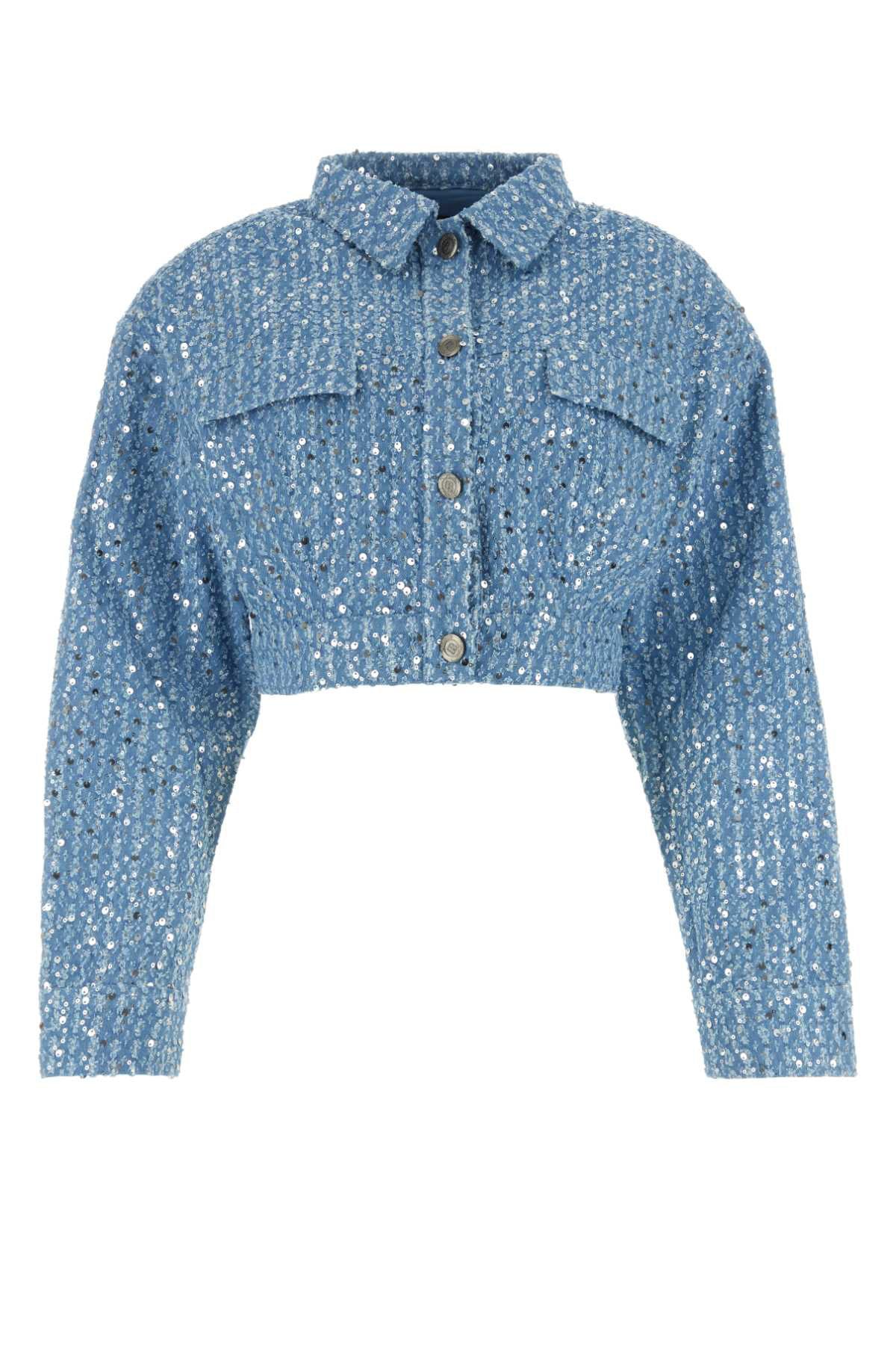 Sequin Two Piece Set — Cropped Denim Look Jacket with High Waist Shorts for Women