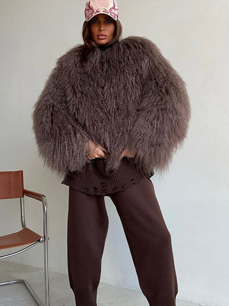 Brown shaggy faux fur coat with long sleeves, short length, front view