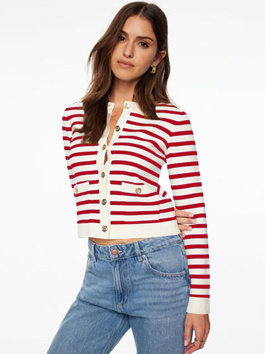 Striped Cardigan for Women — Cropped Gold Button Knit in Soft Merino Wool