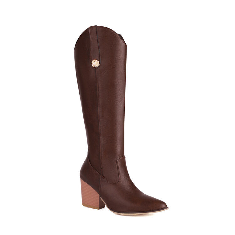 Women’s brown pointed-toe knee-high cowboy boots with block heel and side medallion