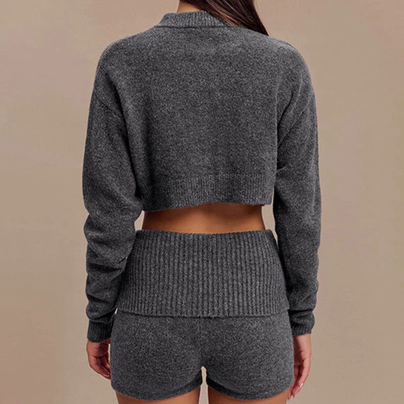 Gray wool knit long-sleeve top with stand collar, cropped back view