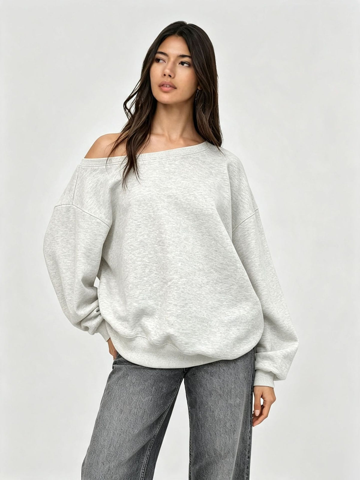 Women’s off-shoulder loose long-sleeve sweatshirt top, heather gray solid color