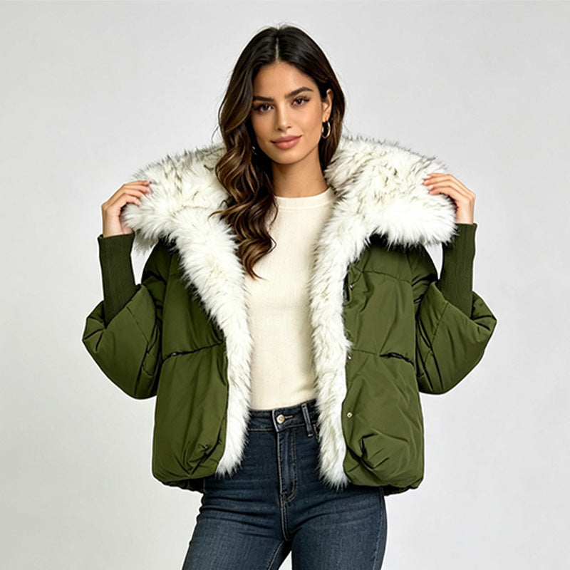 Women’s green puffer jacket with white faux fur trim, button front, drawstring hem