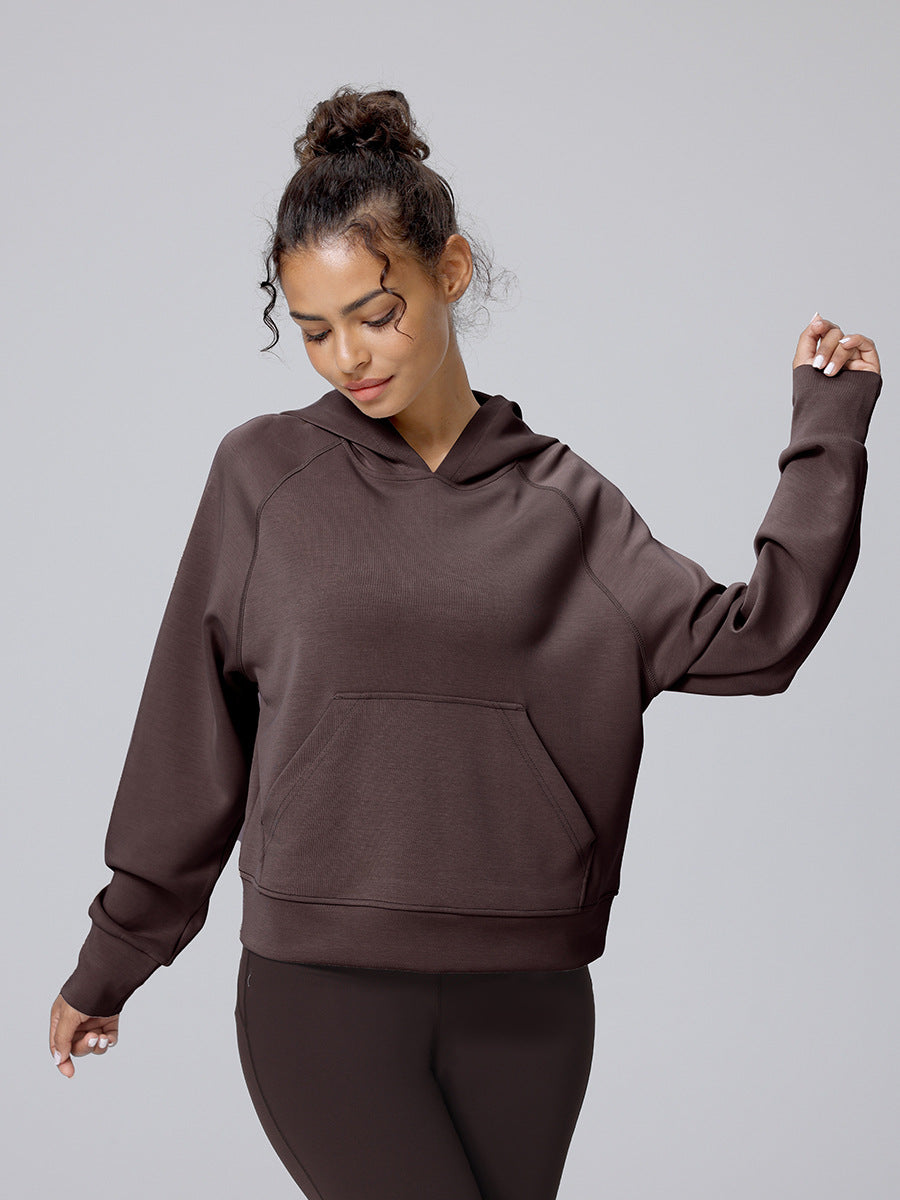 Brown hooded pullover sweatshirt with kangaroo pocket and long sleeves