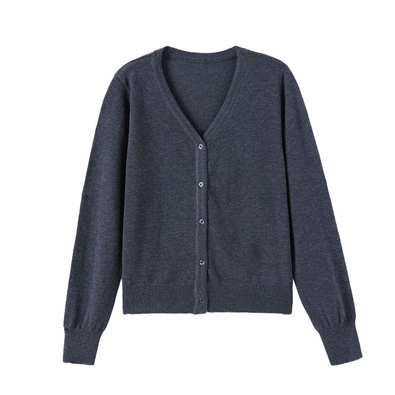 Women's dark gray V-neck button knit cardigan, long sleeves, ribbed cuffs