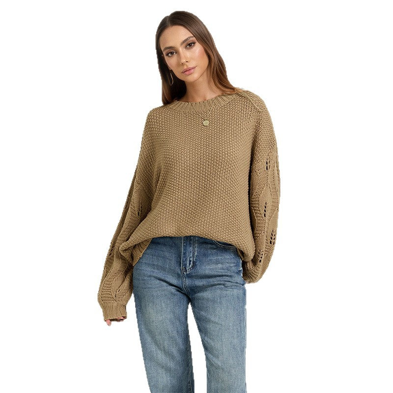 Camel open-stitch sweater with crew neckline and ribbed cuffs