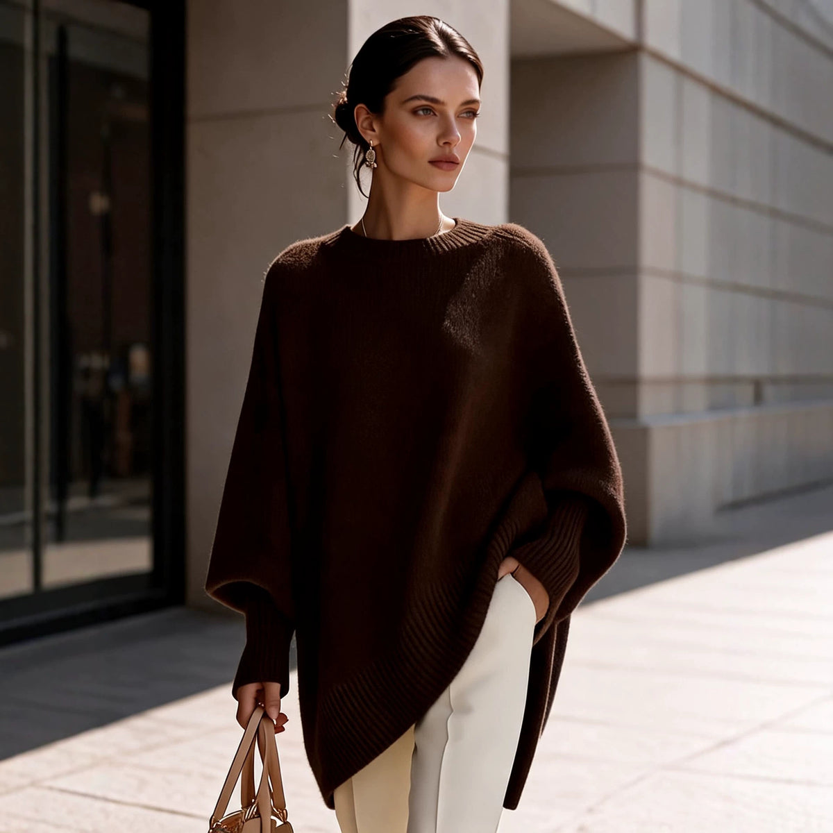 Plus-size knit sweater, solid dark brown, round neck pullover with batwing sleeves