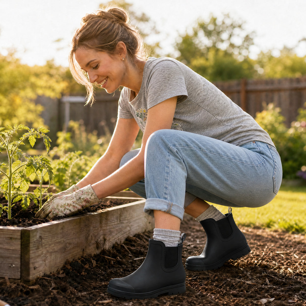 Black short rain boots with pull-on side panels and grippy tread sole