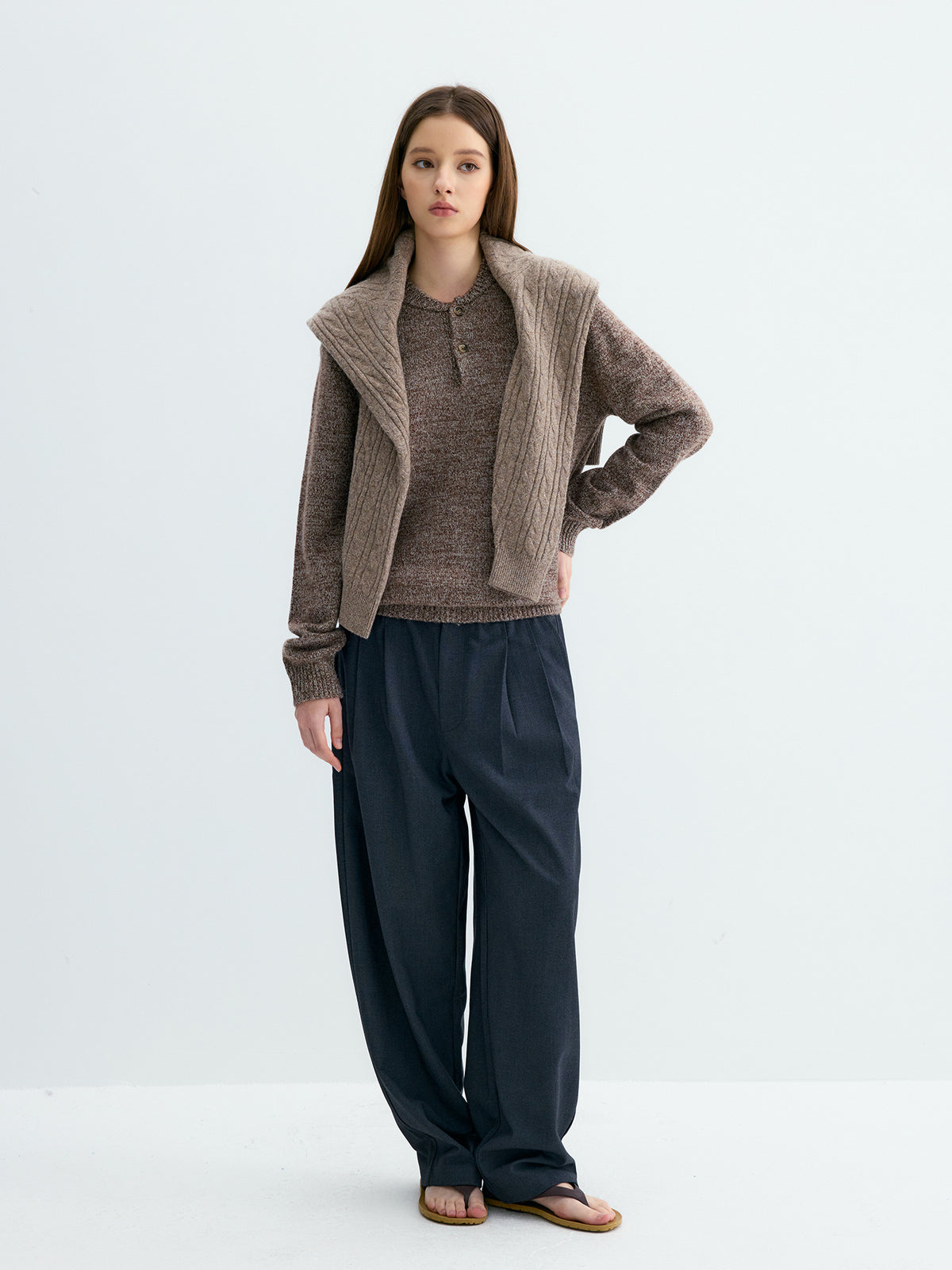 Wool knit baseball-collar sweater with two-button placket, brown textured knit