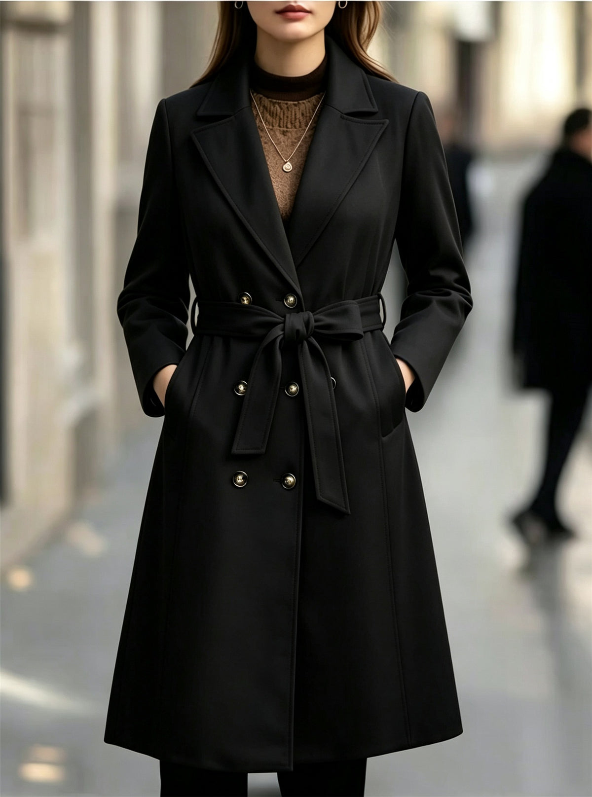 Long Trench Coat for Women — Double Breasted Belted Style in Soft Wool Blend