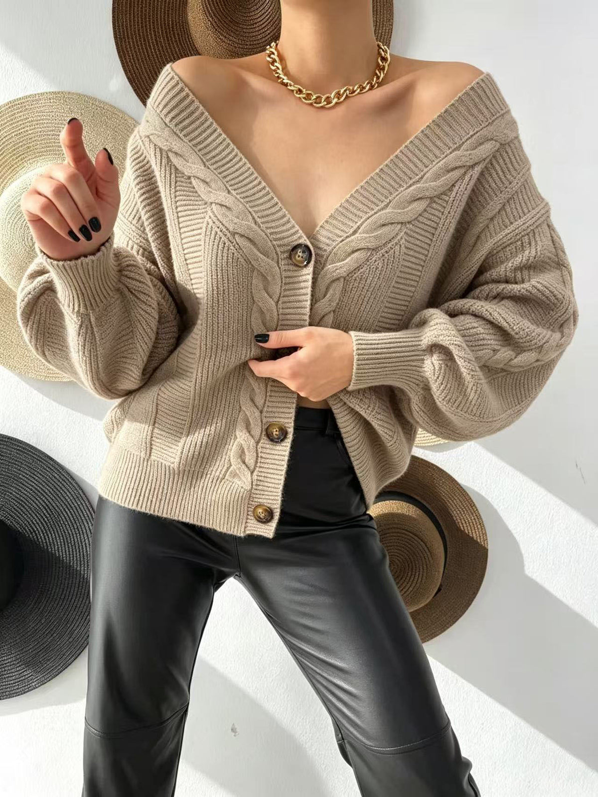 Oversized Cable Knit Cardigan for Women — Slouchy Drop Shoulder V Neck in Soft Wool