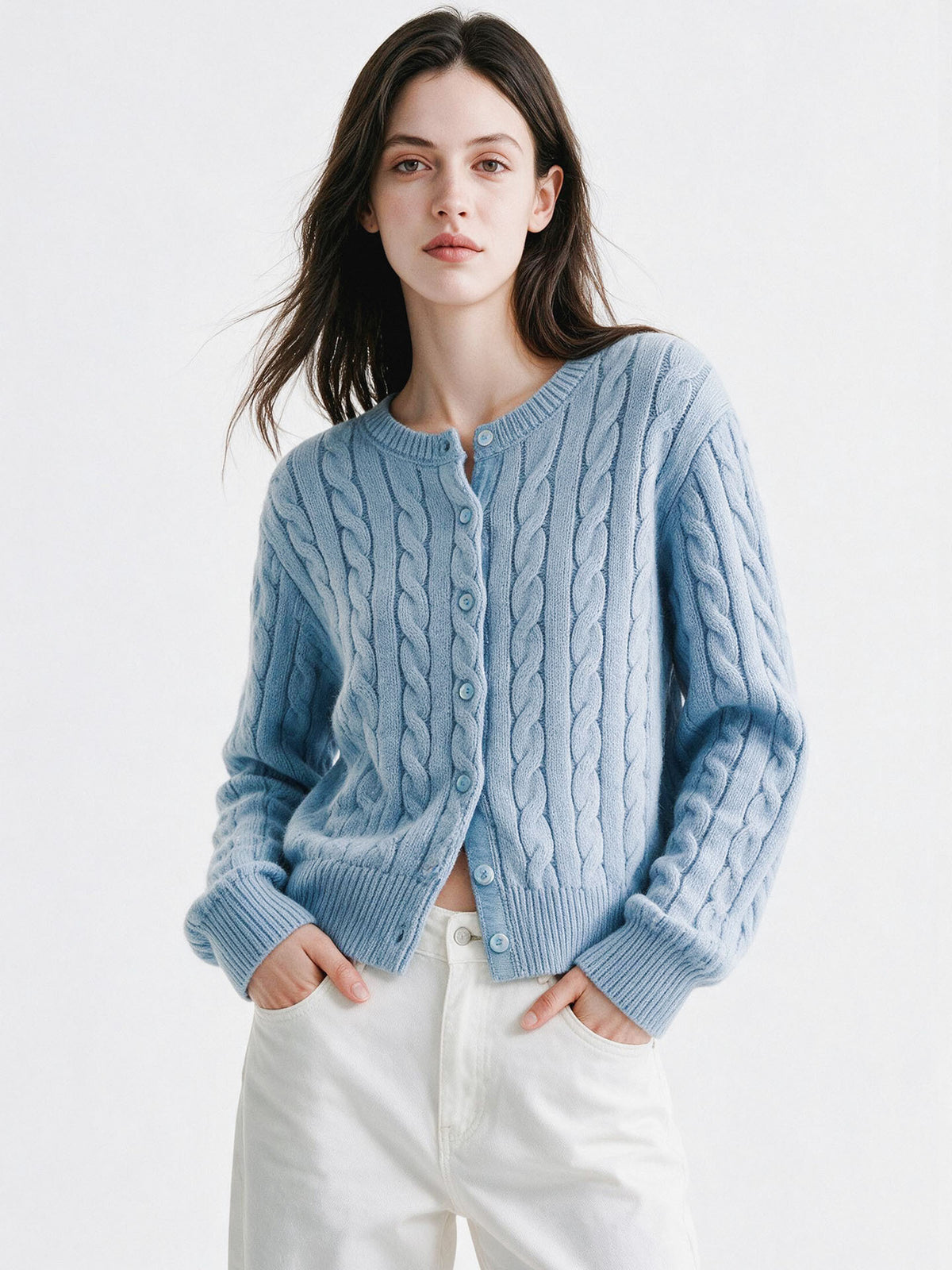 Women’s twist-knit cardigan in light blue, round neck, button-front, cable texture, long sleeves