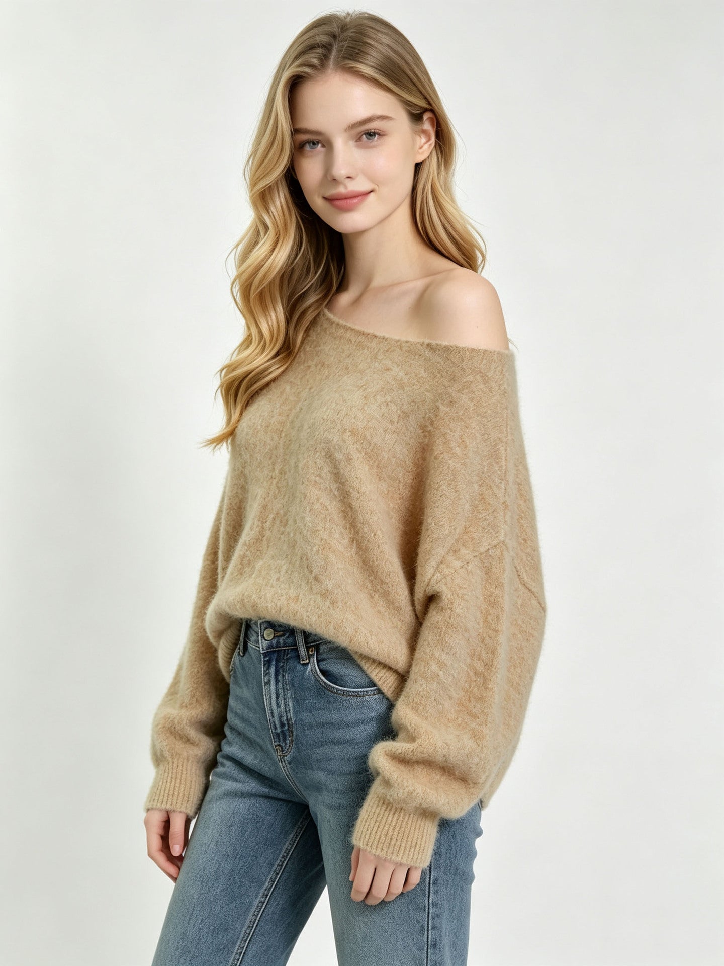 Mohair Sweater for Women — Off Shoulder Boat Neck Knit with Soft Oversized Drape