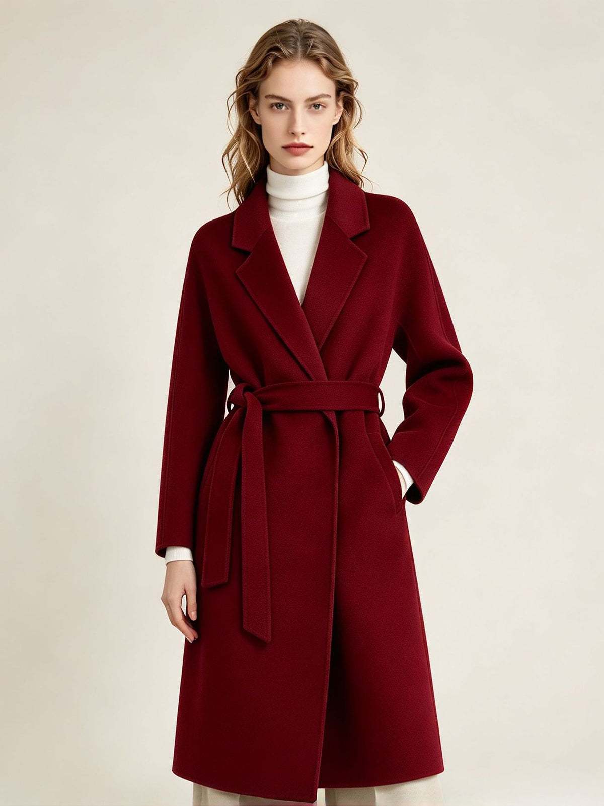 Wine red double-breasted wool cashmere coat with tie-waist belt and notch lapels