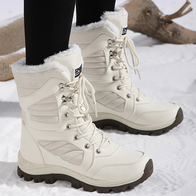 Snow Boots for Women — Mid Calf Lace Up Winter Boots with Fur Lining in Faux Leather