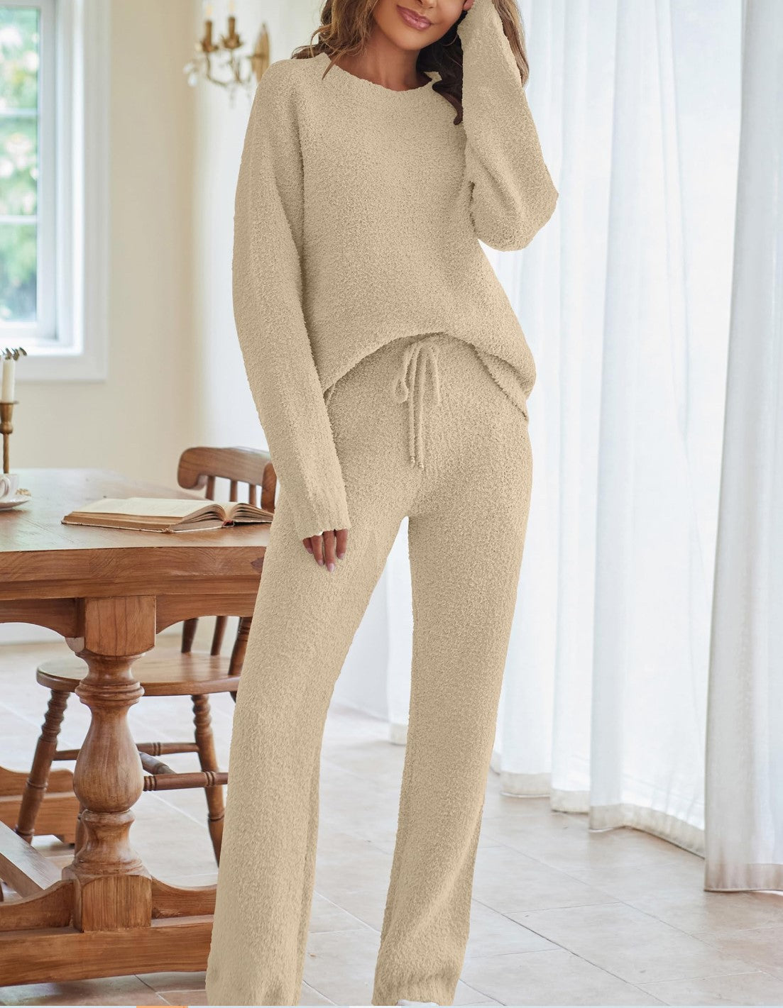 Women's beige knit lounge set, long sleeves and drawstring straight pants