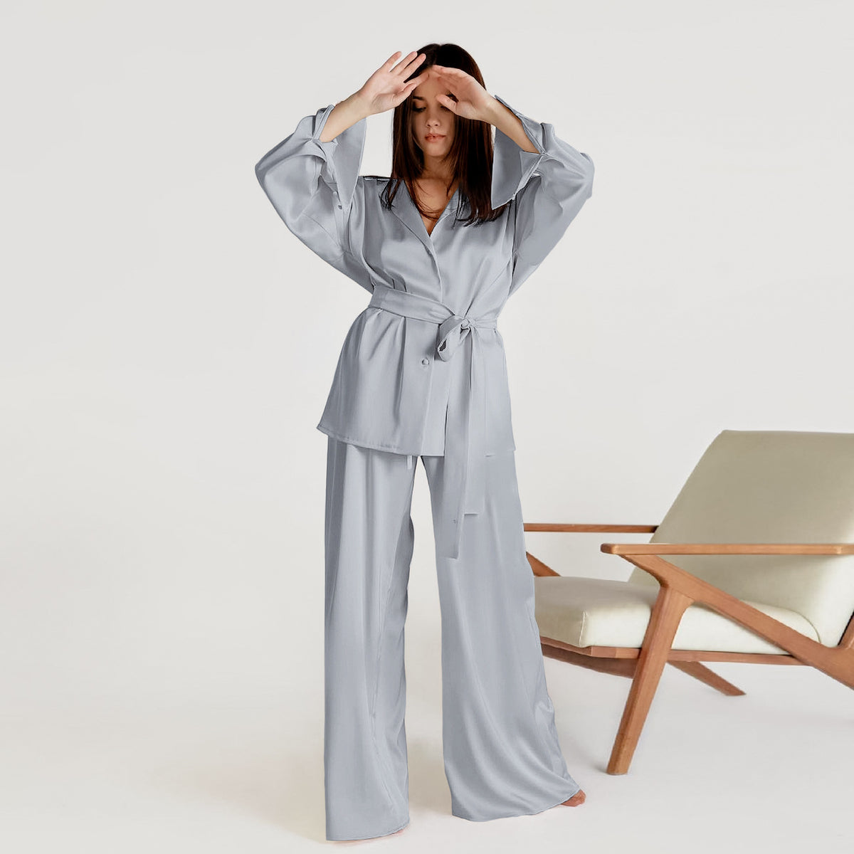 Wide-leg satin-look long pajama pants with drawstring tie, light gray-blue