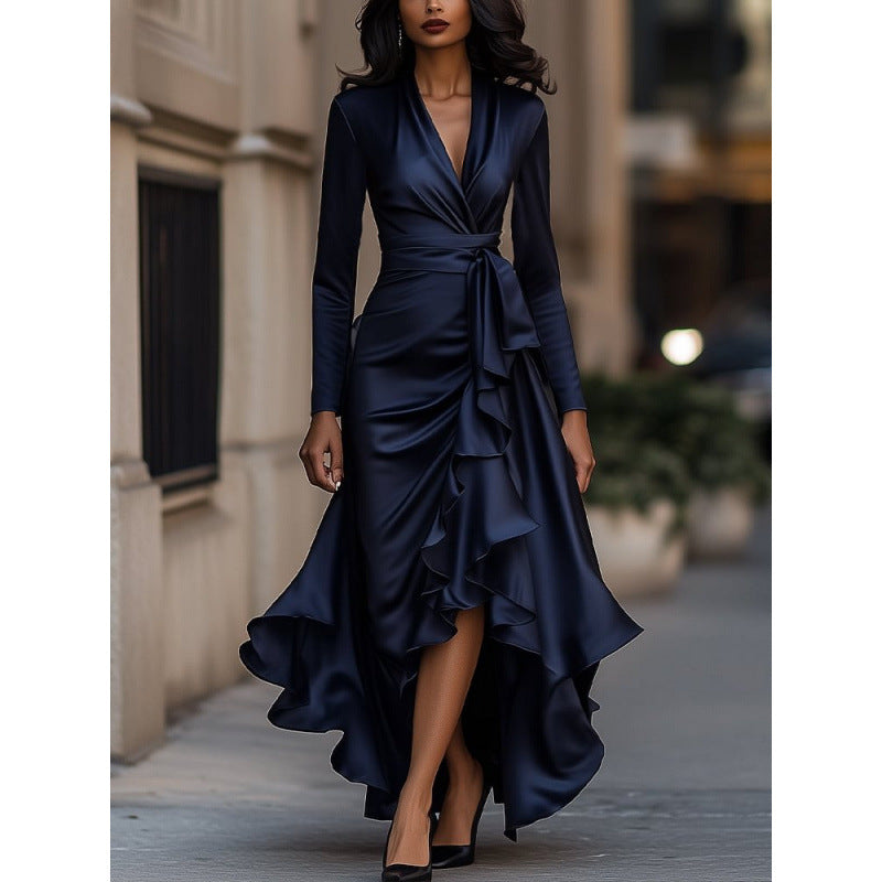Navy V-neck wrap dress coat with tie belt and layered waist ruffles, long sleeves