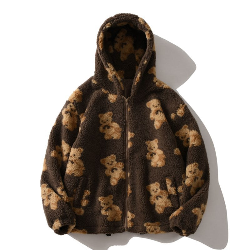 Brown plush zip-up hoodie with teddy bear allover print and cozy hood