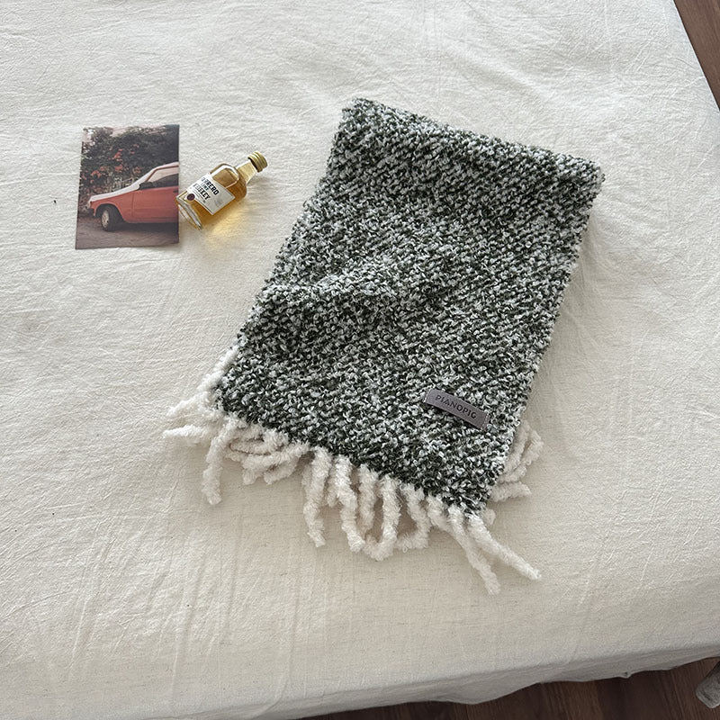 Speckled knitted wool loop scarf with fringe ends, dark green and white