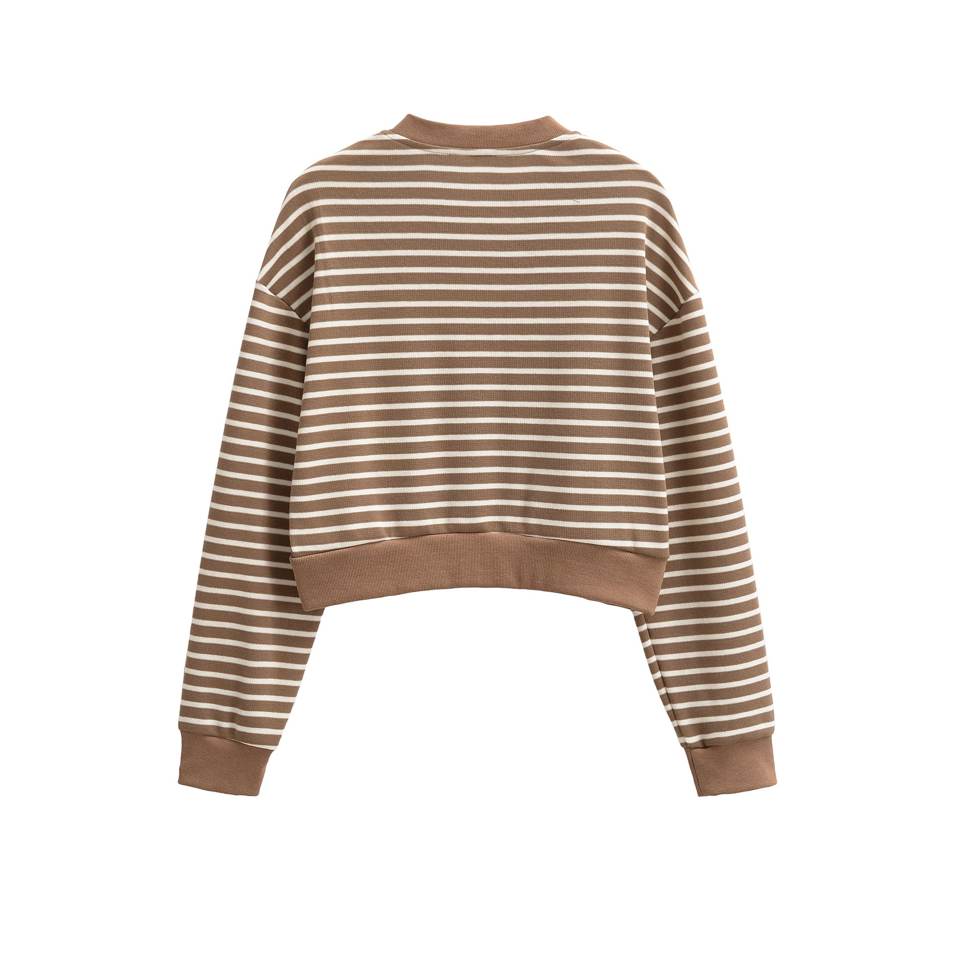 Women’s striped knit zip jacket, round neck, long sleeves, tan with white stripes (back)