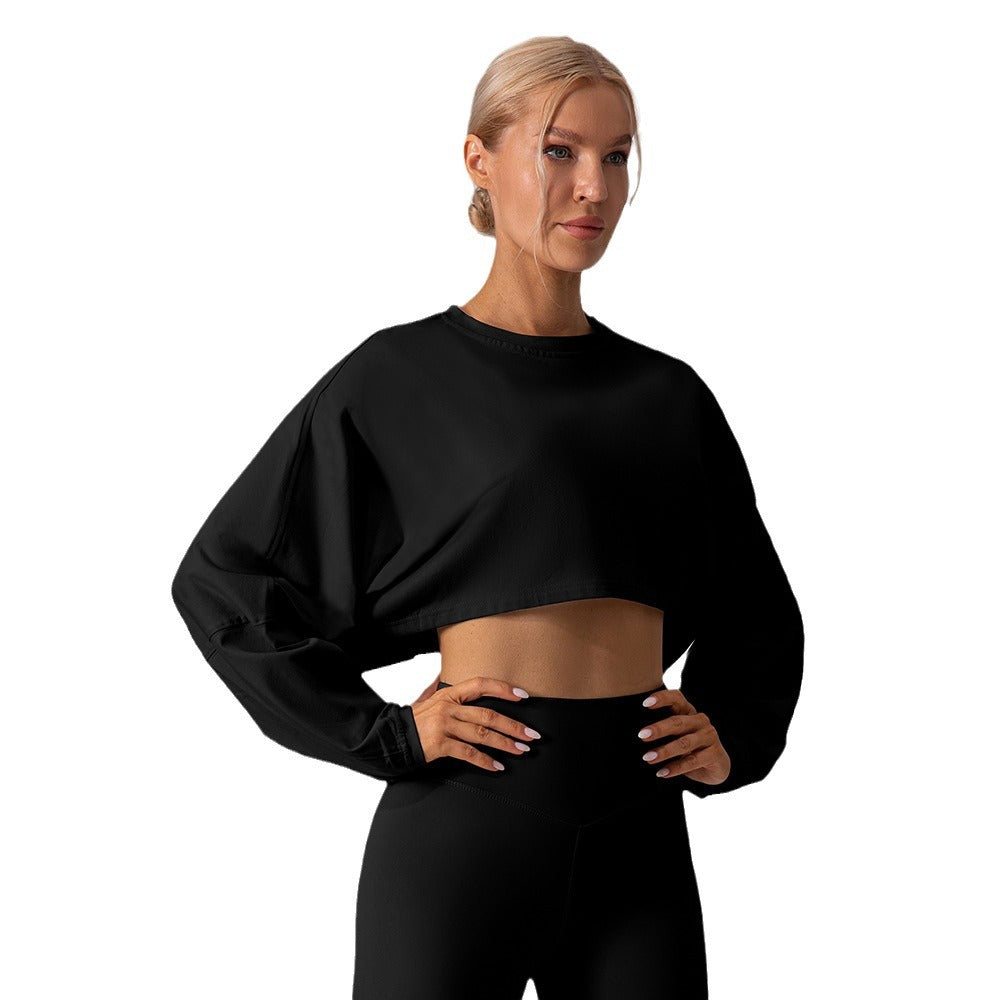Women's cropped sweatshirt in black, long sleeves, loose relaxed fit