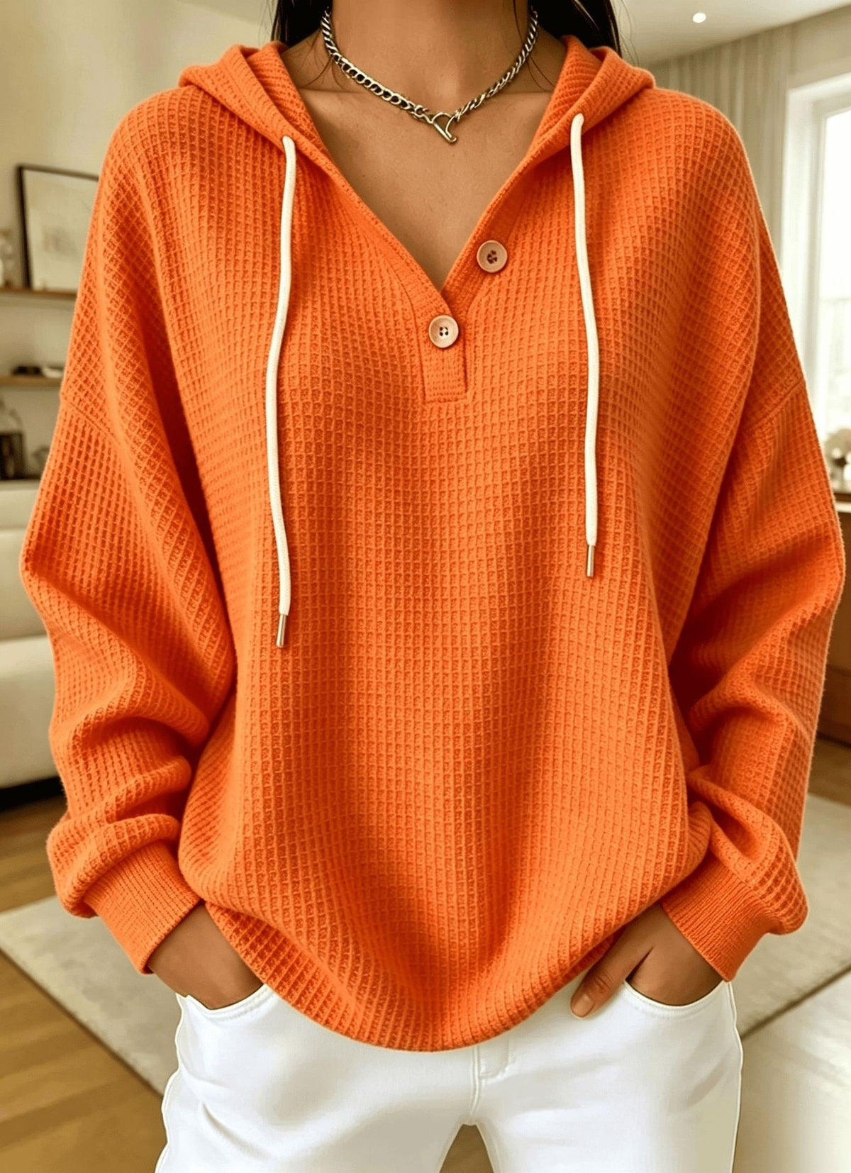 Women\u2019s waffle-knit drawstring hoodie with henley button placket, orange hood and long sleeves