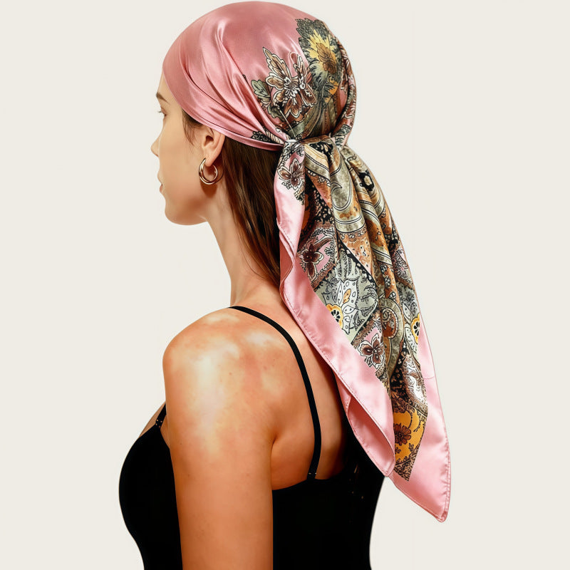 Pink satin square scarf headscarf with ornate print panel, tied at the back