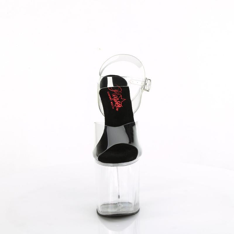 Clear platform high-heel sandal in side view, black insole, ankle strap with buckle
